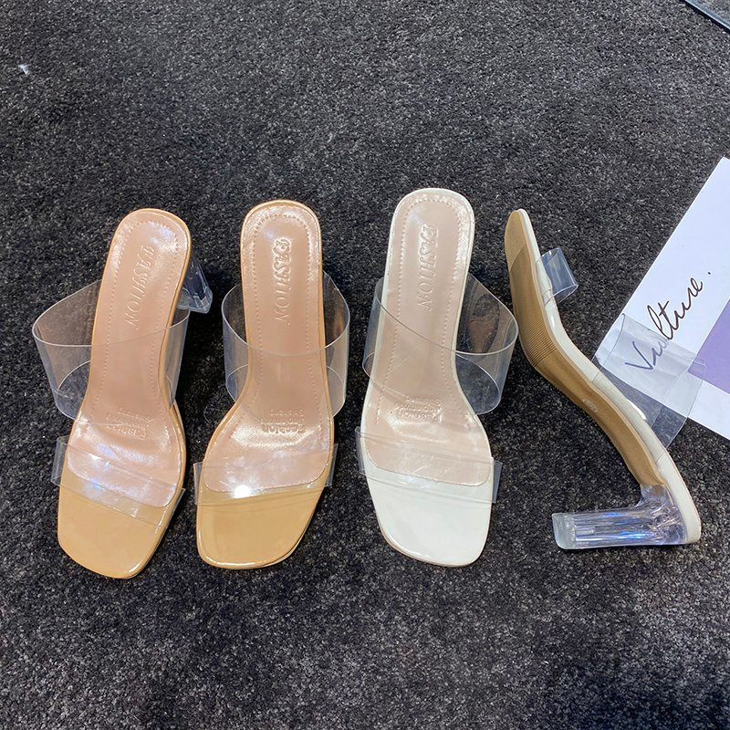 600 Women Summer 2021 Girl Sexy Clear  Round Heel Open Toe High Heel Slippers Shoes