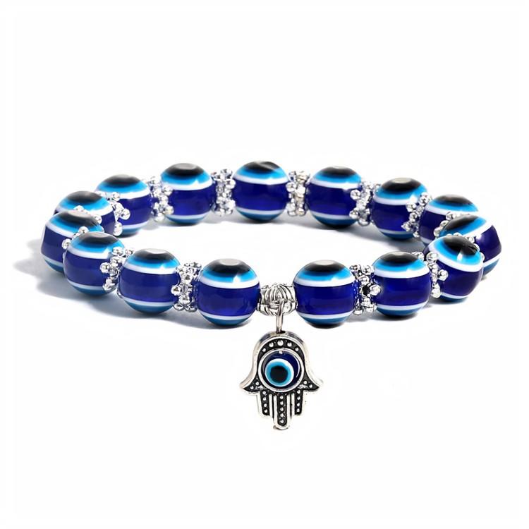 Huadeer Evil Eye Beaded Charm Bracelets Blue Eye Bead Hamsa Stretch Bracelet Hand of Fatima Turkish Lucky Bracelet for Women Men for Protection and Blessing