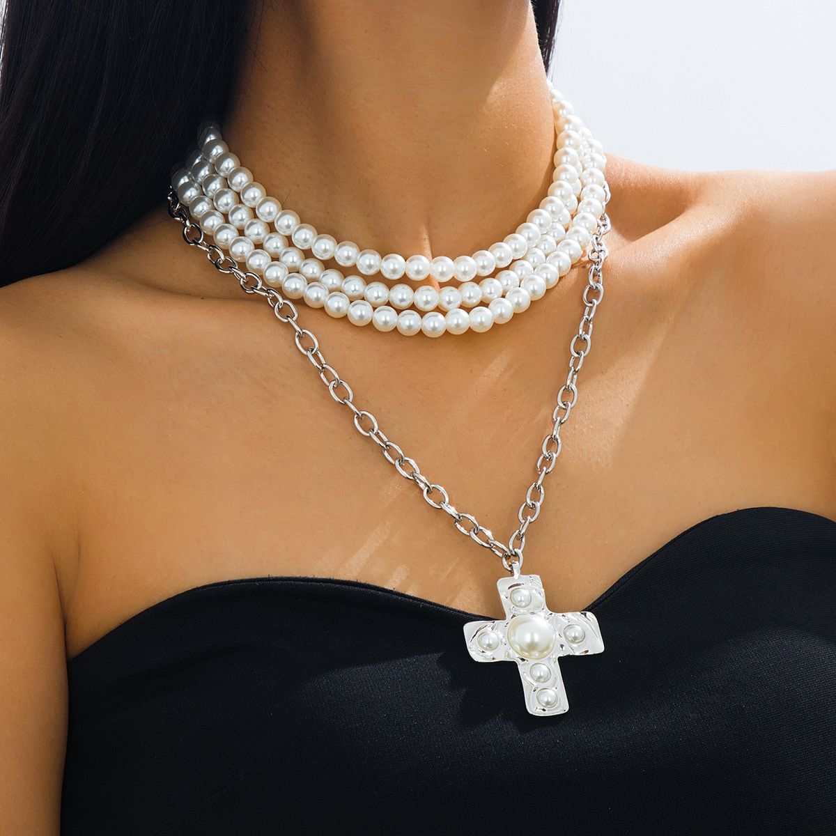 4-Tier Layered Necklace with Pearl Strands & Hammered Cross Pendant, Silver Tone Statement Choker with Adjustable Lengths for Women
