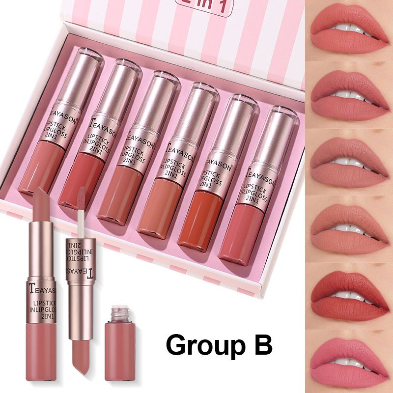 Cross border dual head non stick cup matte matte matte lip gloss 2-in-1 bean paste 6-pack box lipstick women's lip gloss set