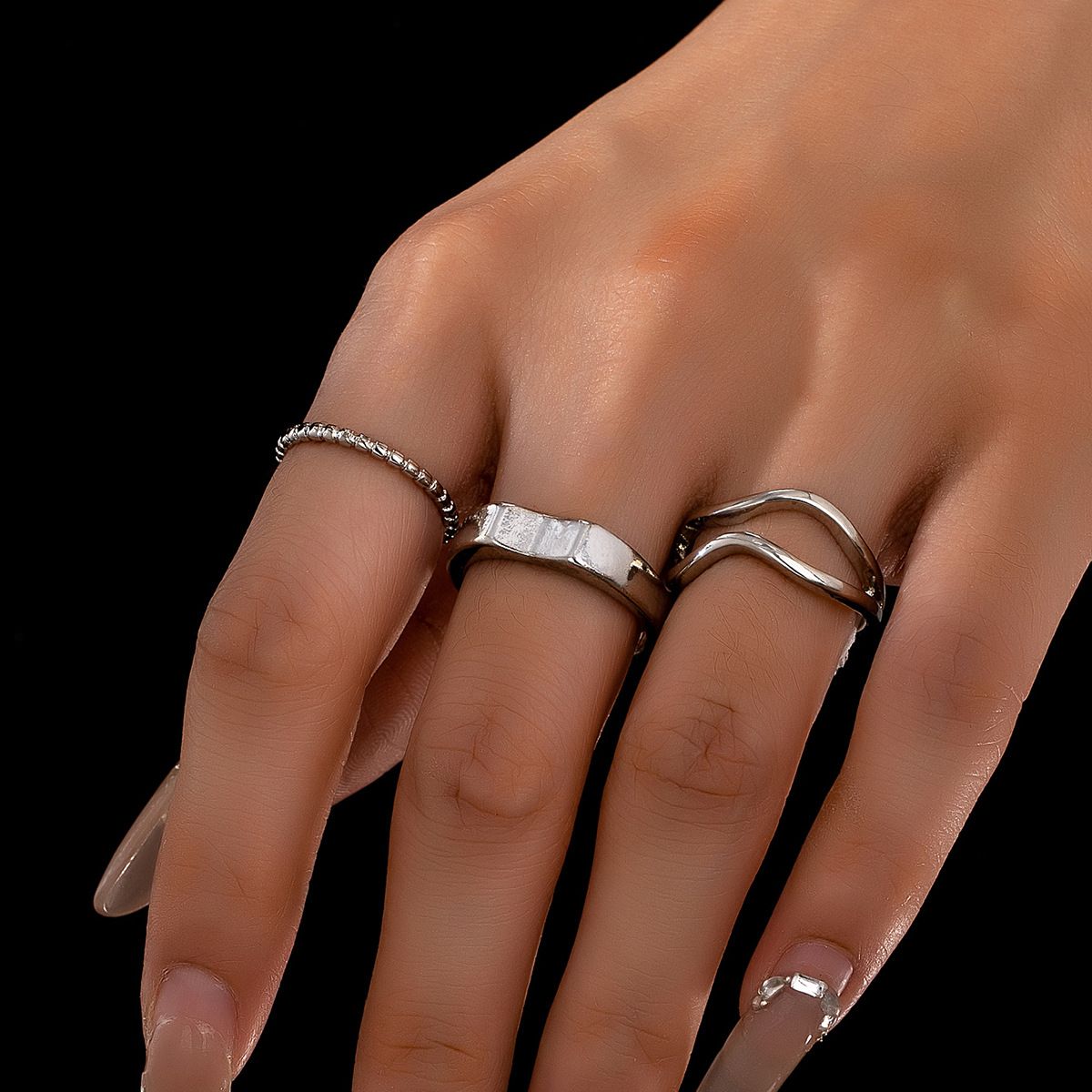3Pcs Minimalist Silver Stackable Ring Set for Women, Premium Irregular Wavy & Textured Finger Bands, Sleek Beaded Thin Plain Ring, Simple Elegant Layered Statement Jewelry for Daily Commute Dating Party Holiday Gift
