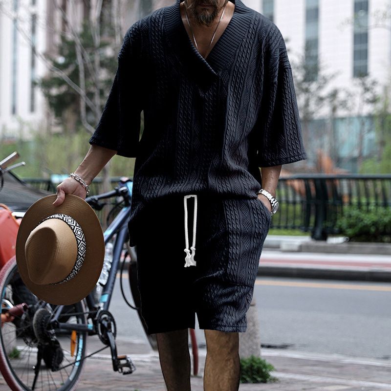 New European American Casual Loose Seven Quarter Sleeve Jacquard Knitted Sweater Top Shorts Men's Clothing Sets Two-Piece Outfits
