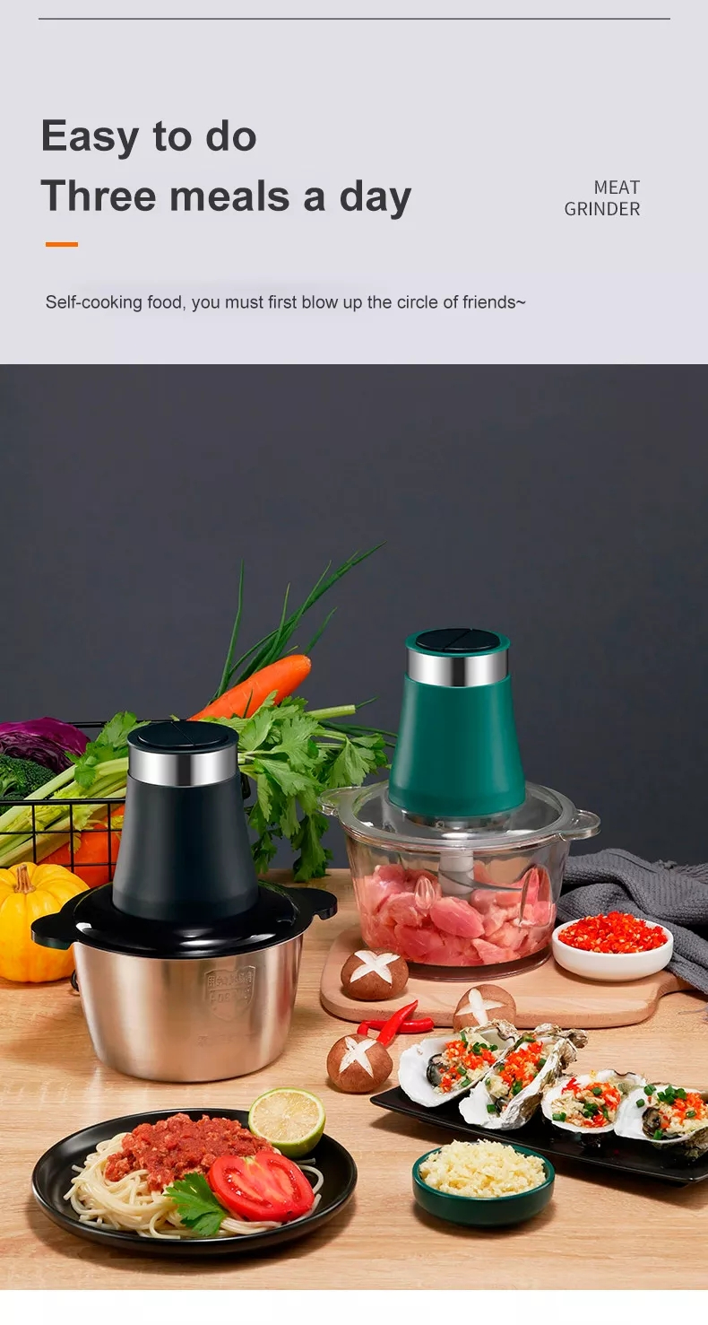 AL02GG Electric Food Processor, 300W Mini Food Chopper with 2L Stainless Steel Bowl and 4 Sharp Blades, 2 Speeds Meat Grinder for Meat, Vegetable, Fruit Salad, Onion, and Garlic