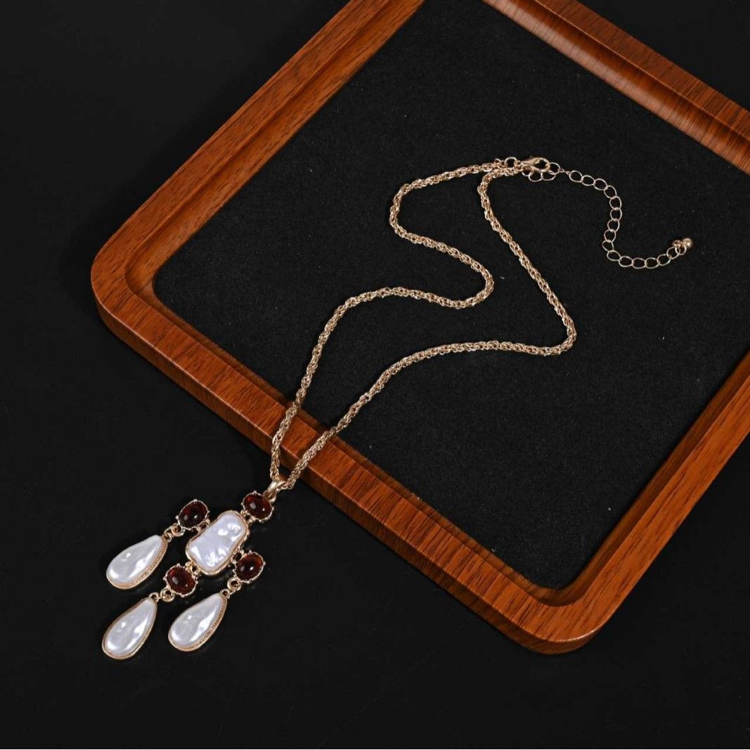 Vintage Gold Plated Necklace with Baroque Pearl & Red Gemstone Pendant, Adjustable Chain with Tassel Drop, Elegant Statement Necklace for Women
