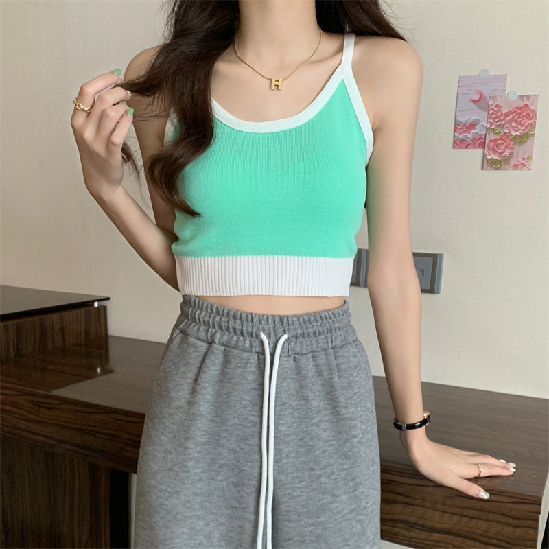 22018 Women's Slim Contrast Design Sense Thin Ice Silk Cropped Knit Vest Suspender Summer