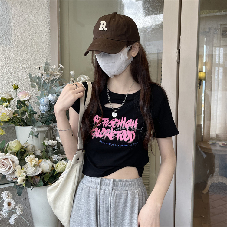 WYP-6791 Women's Fashion Loose Cutout Design Sense Printed Slim Slim Cropped T-shirt