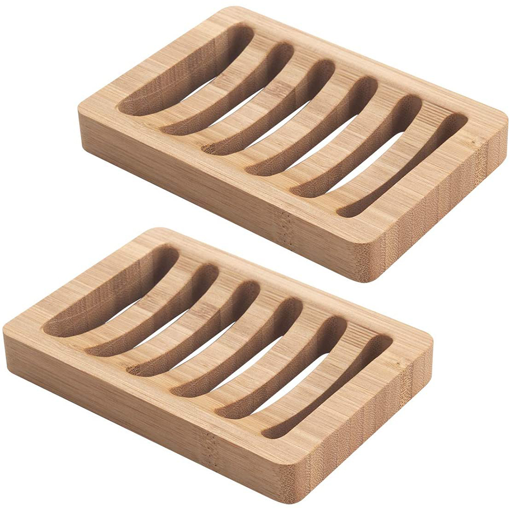 Bamboo Wood Soap Dish, Bar Soap Holder for Shower Bathroom, Kitchen - 2 Pack (Natural Color)
