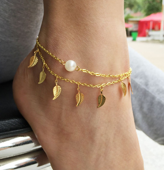 65 Gold Plated Pearl Leaf Anklets Jewelry Accessories Link Chain Charms Beach Summer Pool For Women Girls