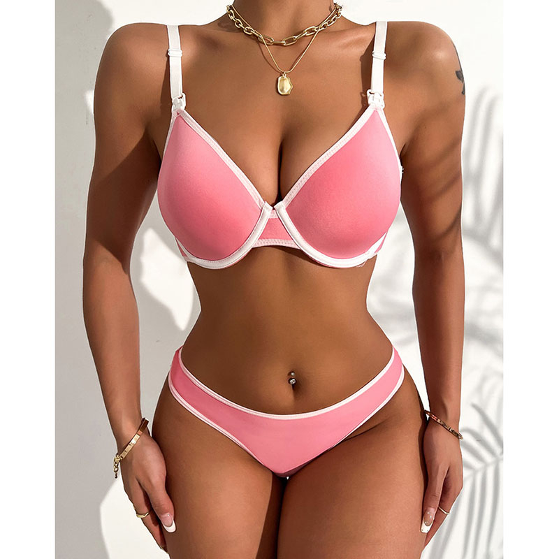 U099 women's pink lingerie set soft underwires adjustable shoulder straps thong, bra gathered bra sexy girl suit