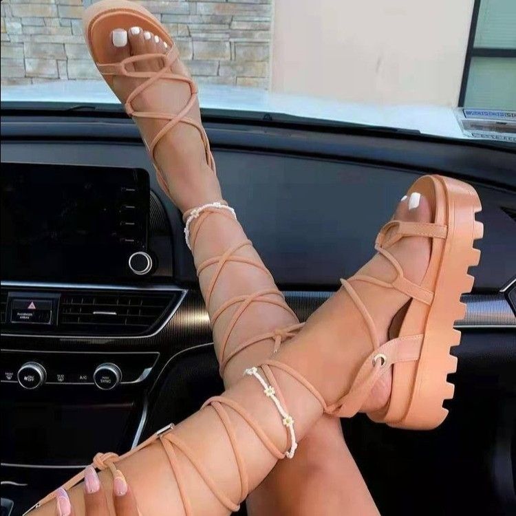 A538 Women's Summer New Fashion Thick Sole Strap Sandals Round Toe Solid Color Sandals