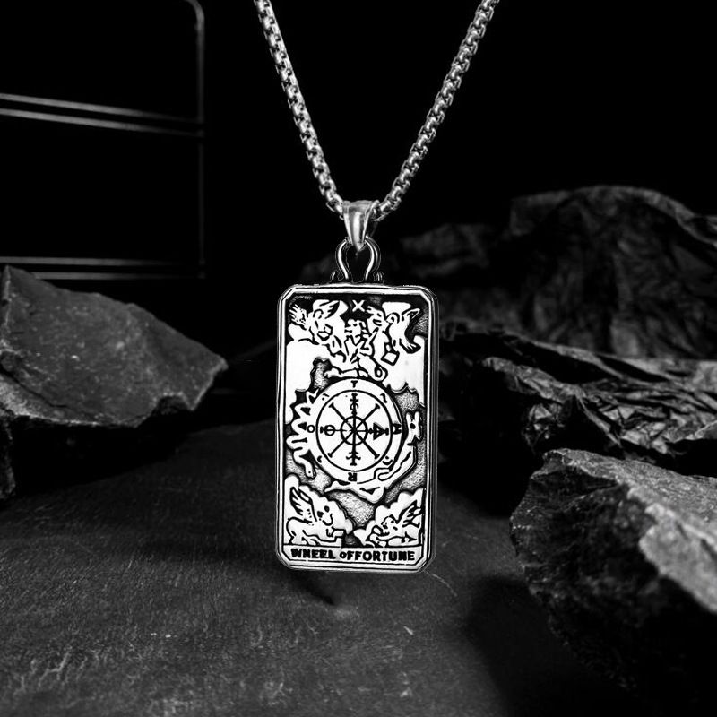 Necklace Stainless Steel Grand Alcantara Tarot Card Necklace, Wheel of Fate Jewelry, Pendant Pendant, Titanium Steel Necklace