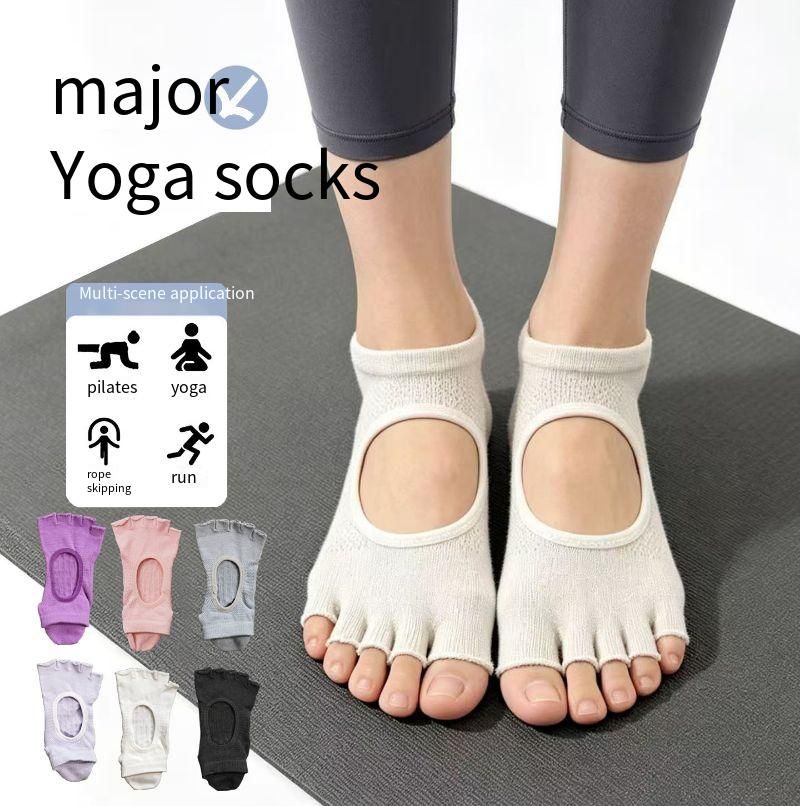 Women Open Toe Five Toe Yoga Socks Cutout Back Silicone Dot Non Slip Split Toe Pilates Socks Breathable Lightweight Low Cut Ruffle Cuff Sweat Wicking Quiet Jump Indoor Running Dance Fitness Barefoot Sport Socks One Size 6 Solid Pastel Colors

