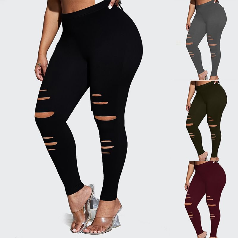 DPJ2311135 New Fashion Black Irregular Ripped Leggings Black High Stretch Tights Personality Solid Color Nine-point Pants Plus Size Women
