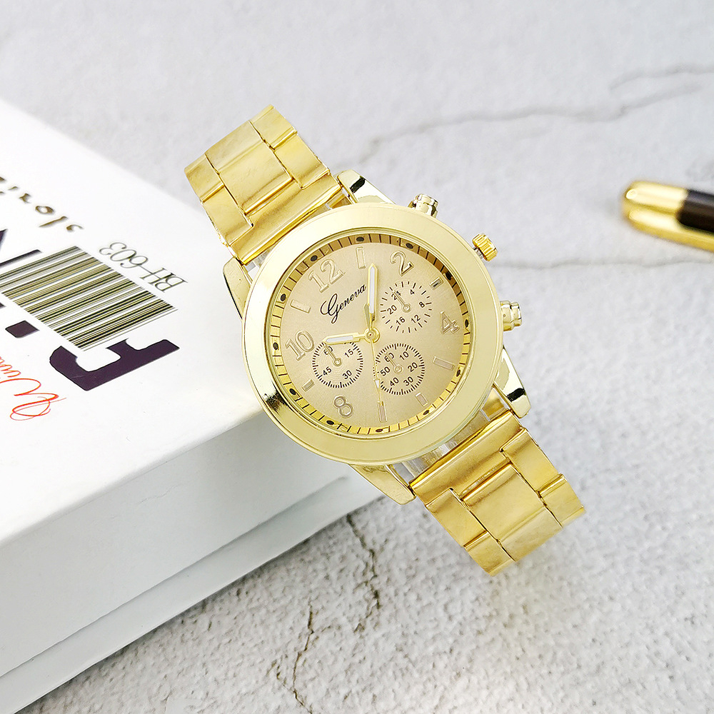 gd072 Women's Wristwatch, Geneva Fashion Alloy Steel Belt Three-Eye Calendar Watch Women's Clothing Business Watch