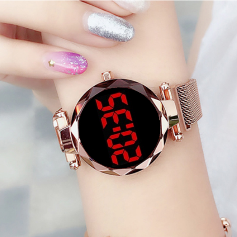 New trendy fashion electronic watch ladies trendy touch screen LED cold light absorbing stone Milanese mesh belt watch