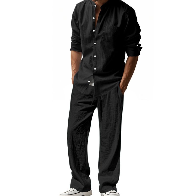 Men's Clothing Sets Two-Piece Outfits Flax Men's Casual Loose Breathable Long Sleeve Long Pants Shirt Beach Set