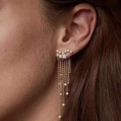 00388-14 Temperament Fashion Decorate Gold Color Long Metal Star Rhinestone Earrings