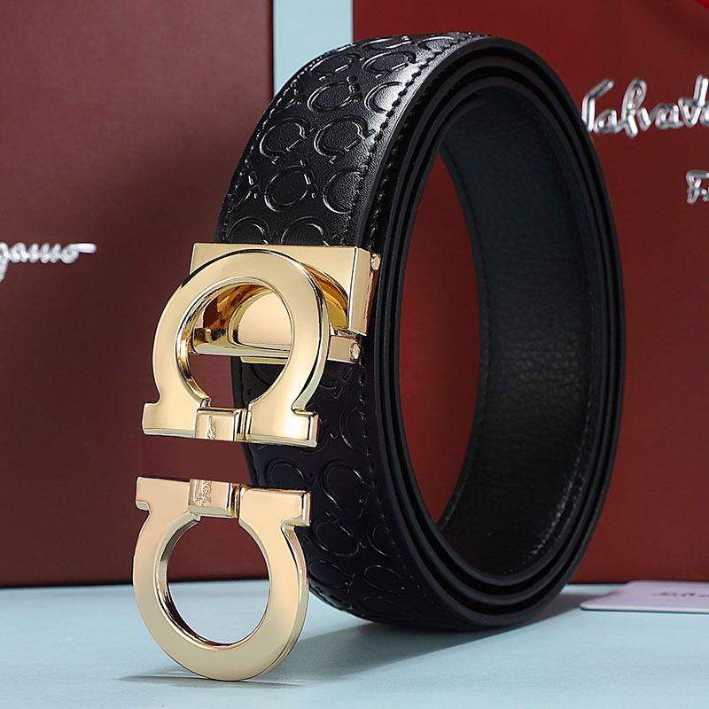 Men's Fashion Business Alloy Smooth Buckle Belt Casual Youth Genuine Leather BeltBlack Gold