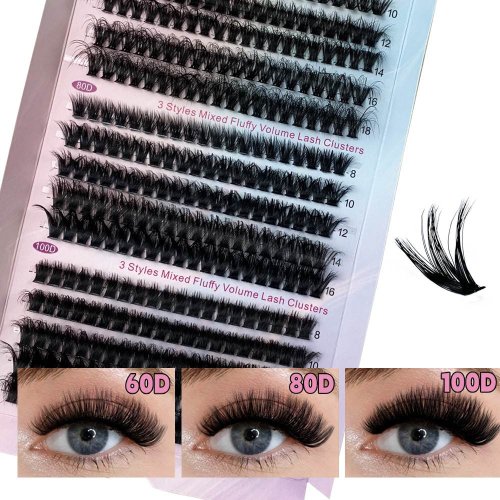 Lash Clusters 60D+80D+100D 8-16mm Cluster Lashes Mixed Tray 3D Effect Volume Individual Lashes Cluster Eyelash Extensions Fluffy Soft DIY False Eyelashes