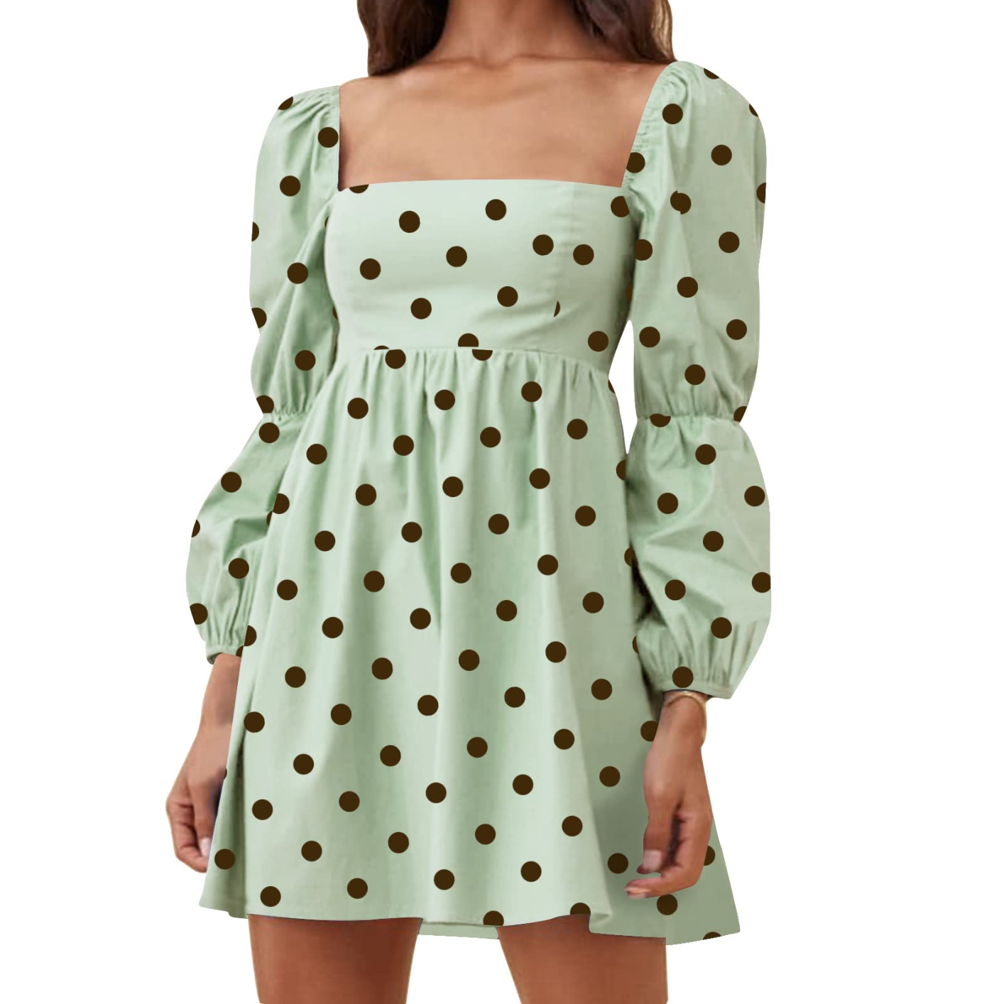 womens square neck dress long puff sleeve a-line casual short mini dress