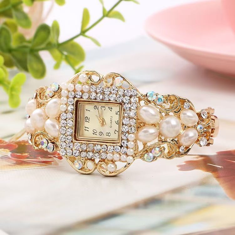 Digital Watch Stylish Handmade Pearl And Diamond Gold Bracelet Exquisite Ladies Watch