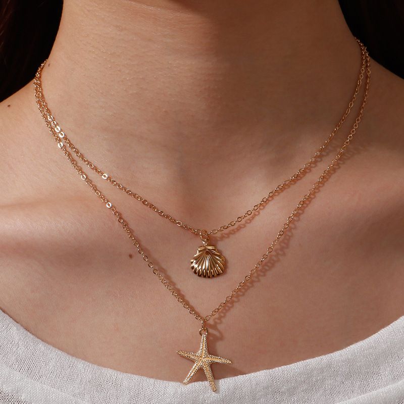 Necklace Minimalist Beach Shell Starfish Five pointed Star Double layered Necklace Necklace Ornament CRRSHOP women jewelry gold necklace