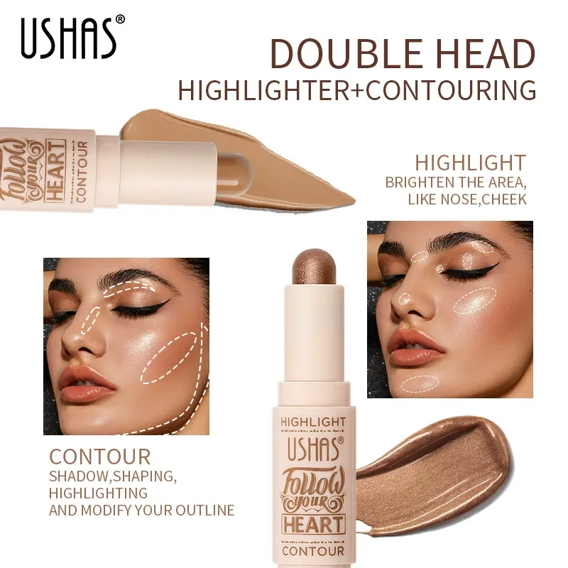 USHAS 2-in-1 Highlight & Contour Stick, Dual-Ended Cream Bronzer & Highlighter Makeup Pen, Long Lasting Waterproof Shading Stick for Face Sculpting, Natural Matte & Shimmer Finish, 3 Shades for Deep Skin Tones
