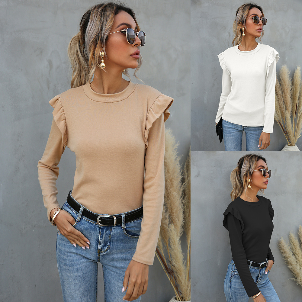 101602 Women's Solid Color Pullover Top New Fashion Loose Casual Flying Sleeve V-neck Long Sleeve T-shirts for Women