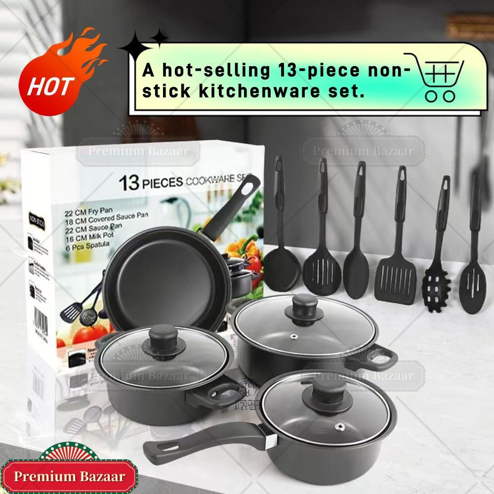 A hot-selling 13-piece non-stick kitchen cookware set, which includes a soup pot, frying pans, a stew pot, pot lids, and silicone kitchen utensils.