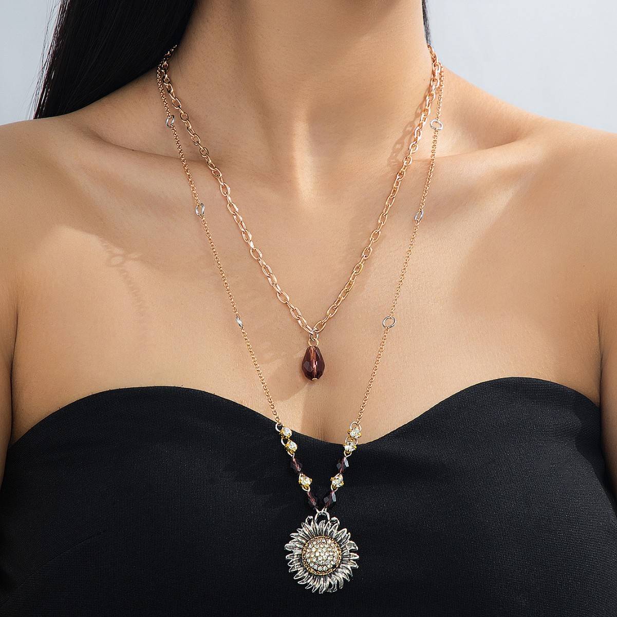 Boho Layered Sunflower Pendant Necklace, Vintage Gold & Silver Tone Chain with Brown Beads, Adjustable 63+7cm Statement Necklace for Women
