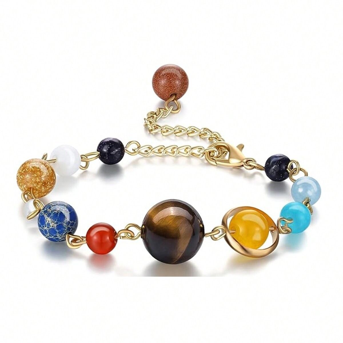 8mm Eight Planets Galaxy Theme Natural Gemstone Beaded Bracelet, Universe Starry Sky Wrist Jewelry With Adjustable Extension Chain Design, Handcrafted Polished Mixed Stone Accessory, Casual Unisex Couples Daily Wear Stylish Bangle, Versatile Fashion Wrist Ornament With Multiple Series Style Options For Daily Outfit Matching
