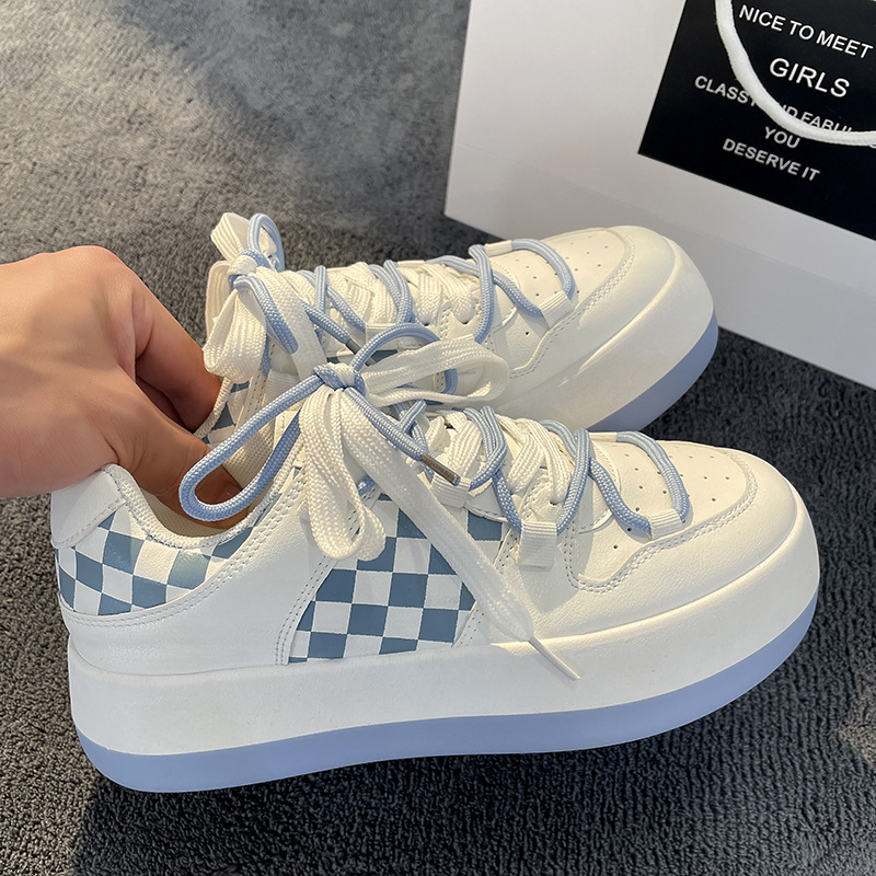 Women's Spring New Versatile Checkerboard Casual Shoes Platform Round Toe Board Shoes