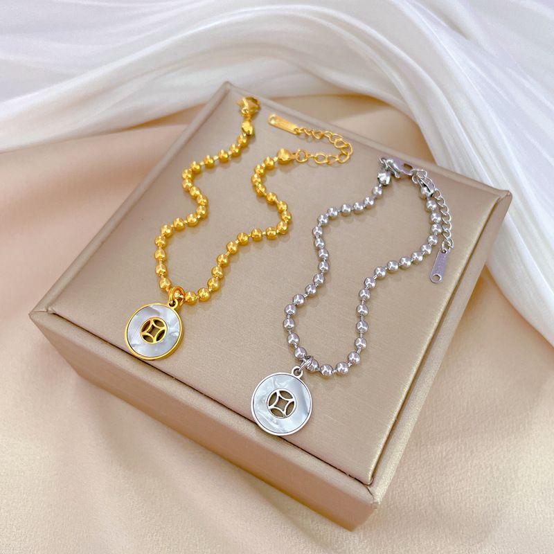 Ins Vintage Shell Coin Pendant Titanium Steel Beaded Bracelet, Adjustable Extension Chain Wrist Jewelry, Waterproof Anti-Tarnish Stainless Steel Bracelet, Trendy Friendship Accessory Gift for Women