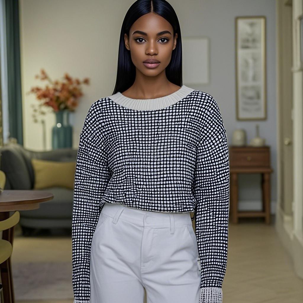 Wool Knit Blue and White Mixed Pattern Elegant Thick Women's Sweater