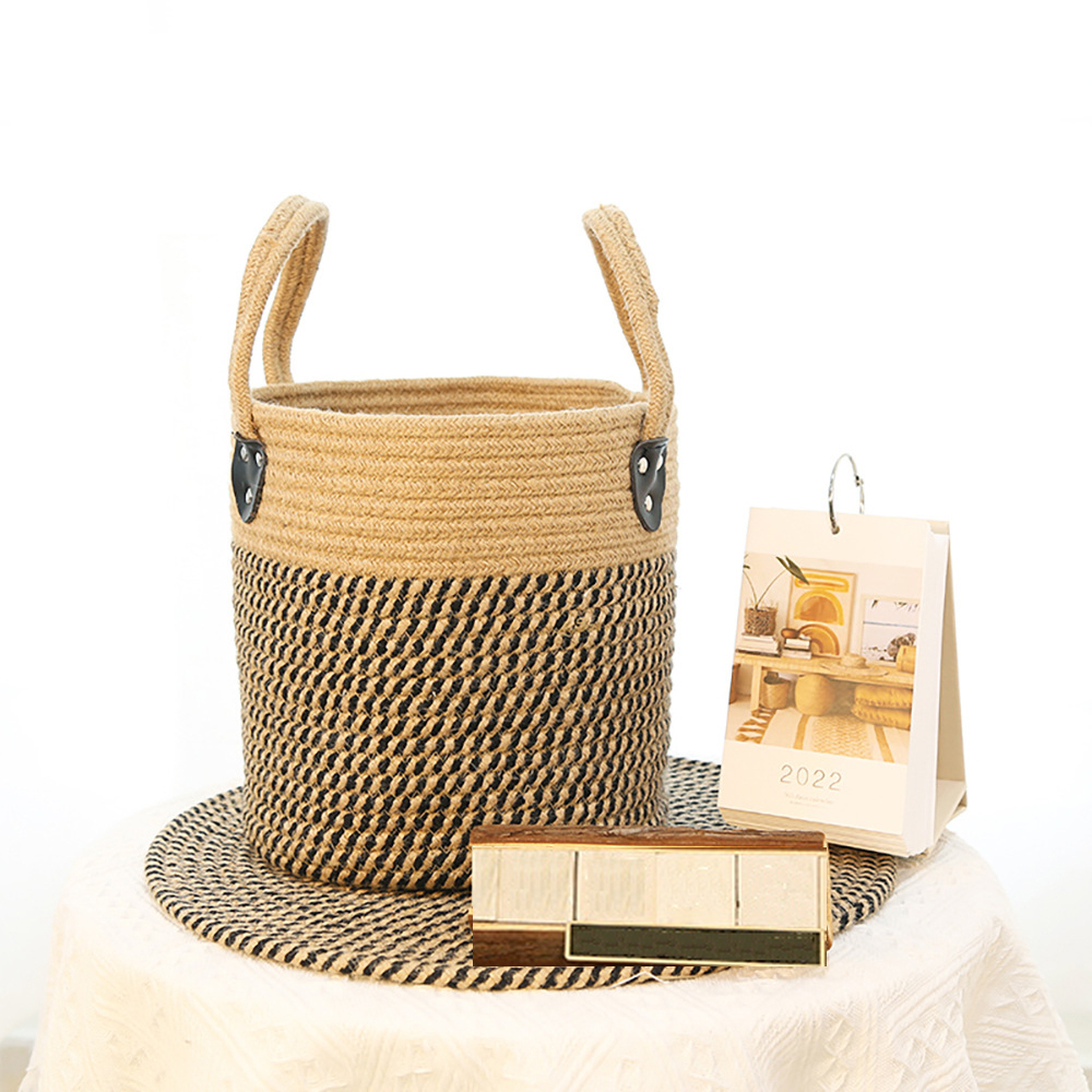 Multi-function Round Ins Style Cotton Rope Linen Plant Foldable Storage Basket With Handle
