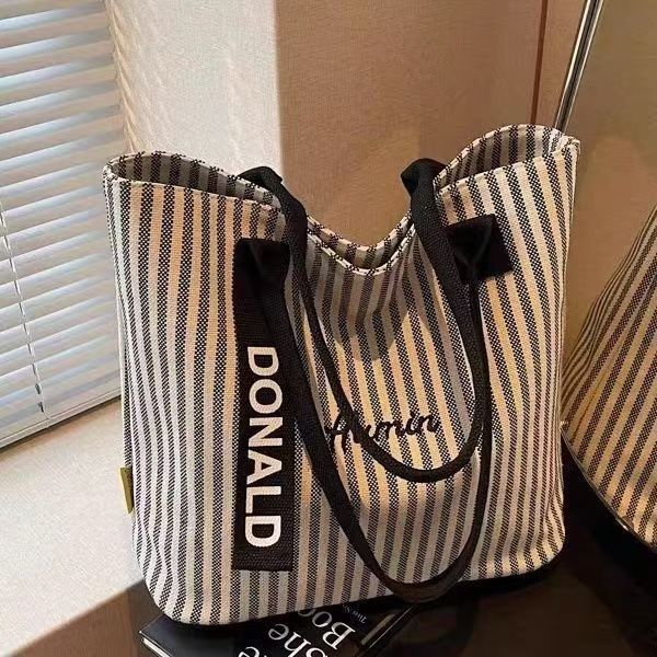 Large Capacity Canvas Tote Bag for Women New Fashion Striped Shoulder Bag Casual Daily School Work Commute Handbag
