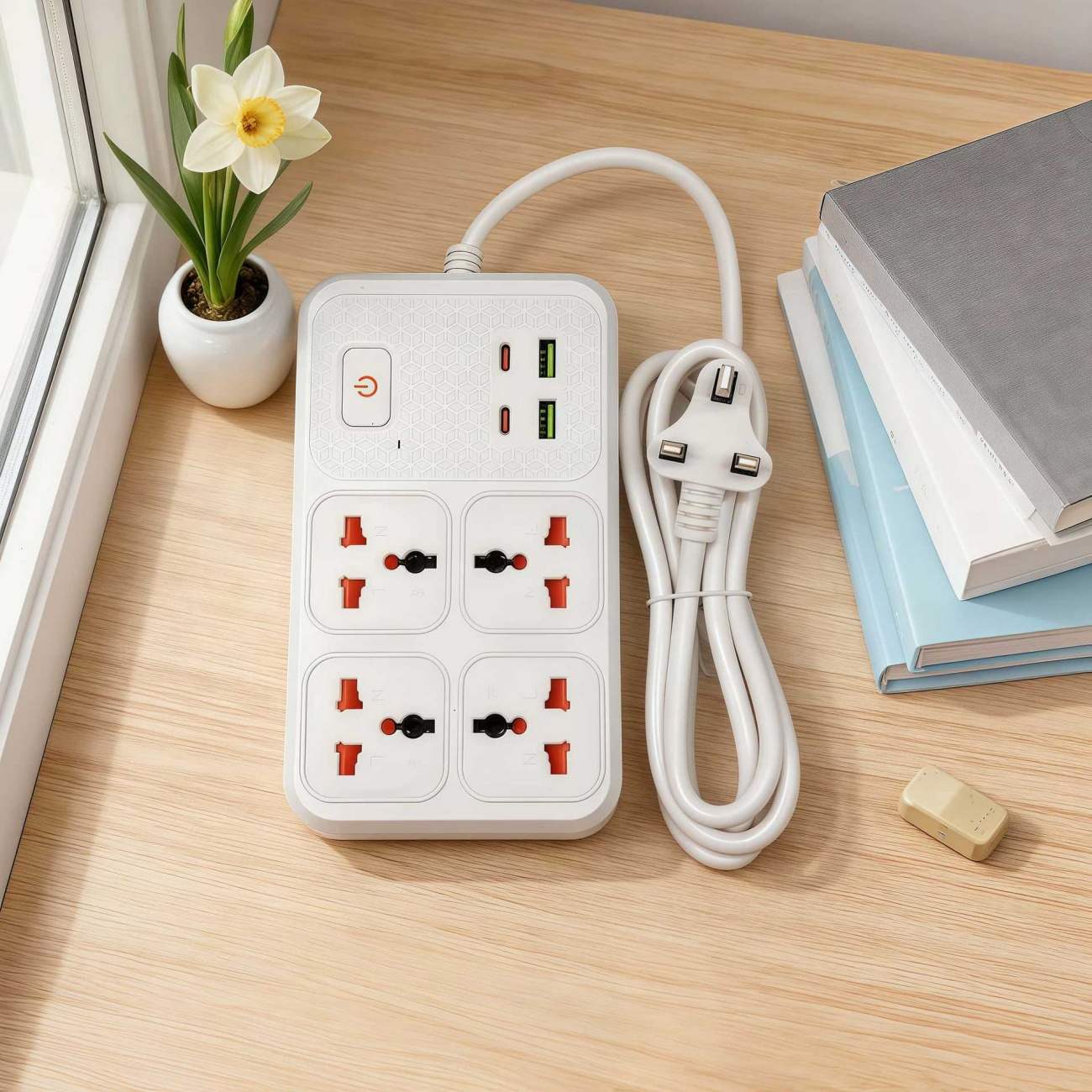 White Universal Multi-Function Power Strip with Global Plug Adapter & USB Charging Ports, Compatible with UK/EU/US/AU Standards, 100-250V Wide Voltage, Safe Extension Socket