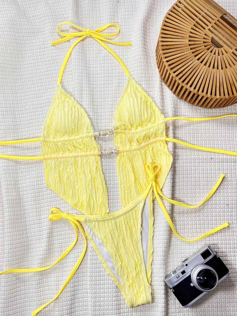 Women's Ribbed Halter Bikini Set, Front Split Beaded Trim Two-Piece Swimsuit, Tie Side Cheeky Bottom, Padded Triangle Top Bathing Suit for Beach, Pool, Vacation & Summer Party
