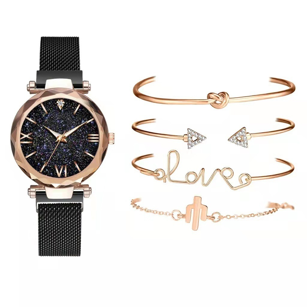 women's watch set of 5 elegant girls magnetic mesh strap design quartz watch