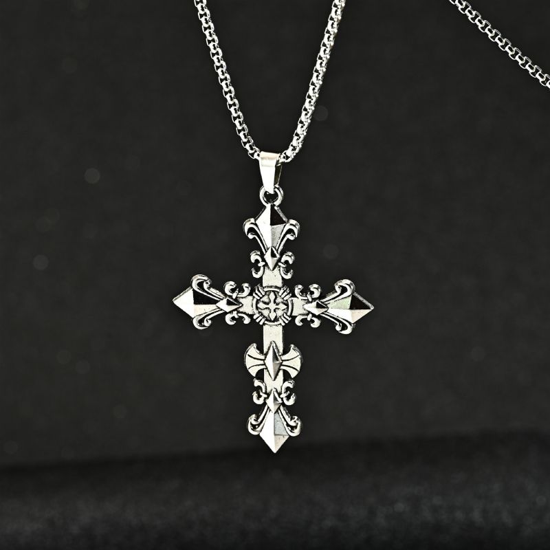 Necklace  Cross flower pendant, cross titanium steel necklace, cross pendant necklace 70cm chain necklace unisex