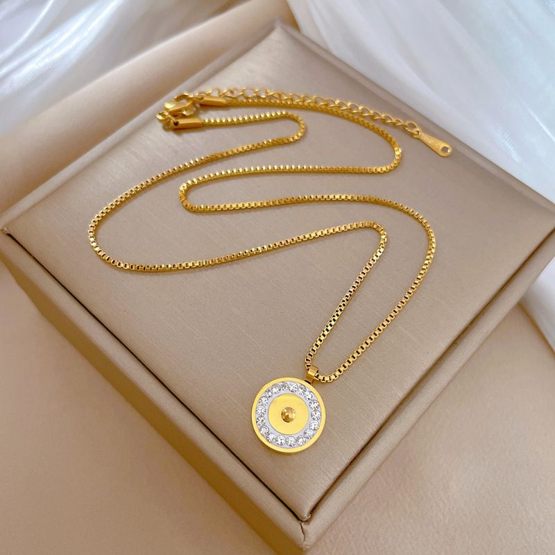 Minimalist Two-Tone Full Pave Cubic Zirconia Round Disc Pendant Necklace For Women, Furnace Gold Plated Solid Titanium Steel Box Chain, INS Dainty Circular Layered Clavicle Choker, Anti Tarnish Hypoallergenic Fashion Jewelry Gift For Ladies Daily Dating Office Party Outfit Accessory
