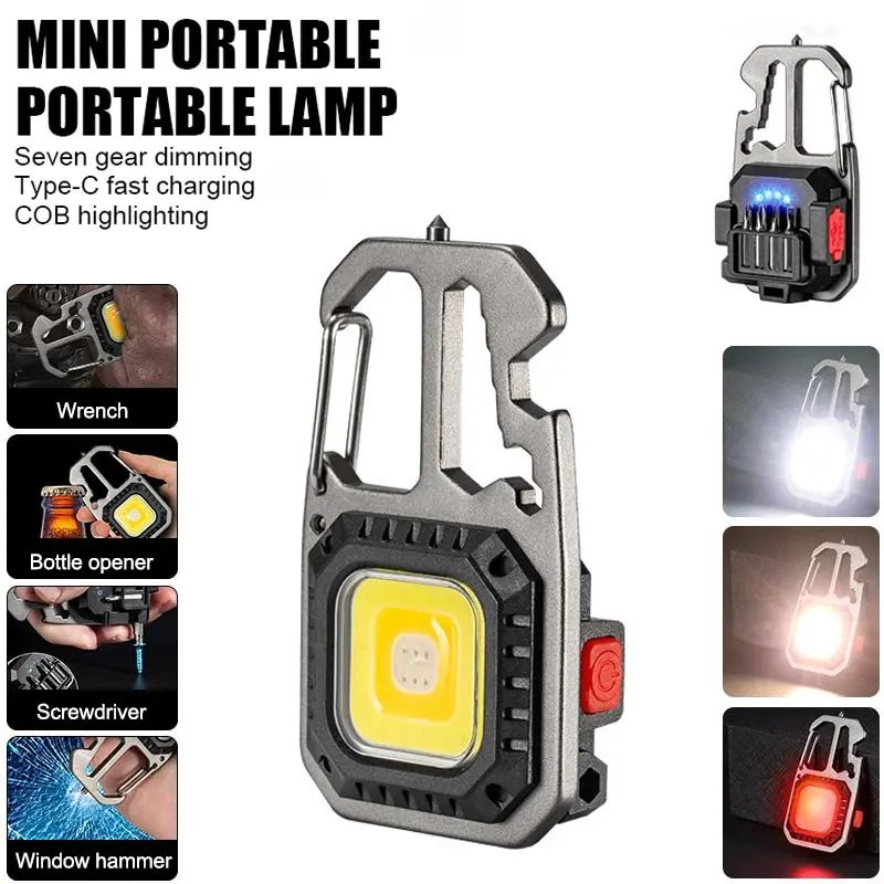 W5138 LED Portable Keychain Flashlight Outdoor Camping COB Work Light Emergency Lighting With Window Hammer Bottle Opener Lamp