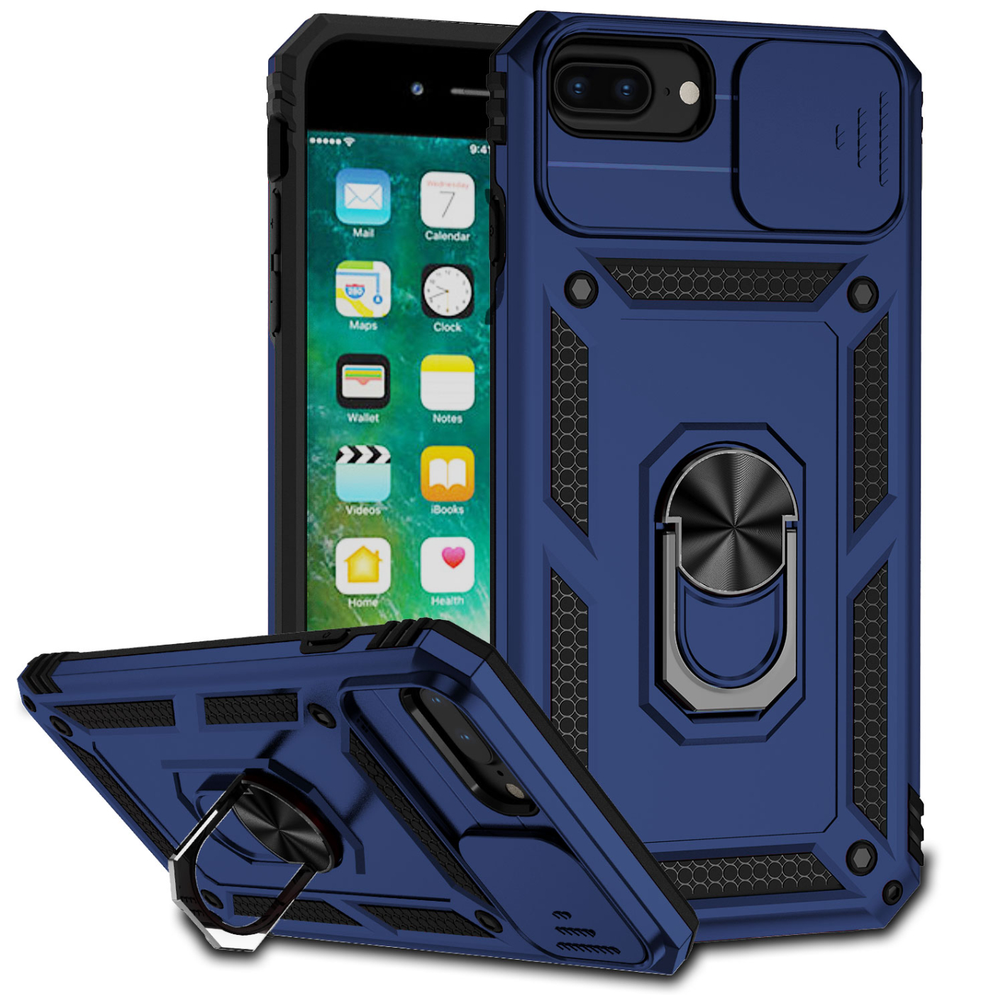 Sliding Camera Protection Shockproof Phone Case For iPhone 6 6s 7 8 4.7 inch iPhone 6 Plus 6s Plus 7 Plus 8 Plus 5.5 inch TPU+PC Double Layer Phone Cover Shell with Rotate Ring Kickstand Metal Plate for Magnetic Car Mount