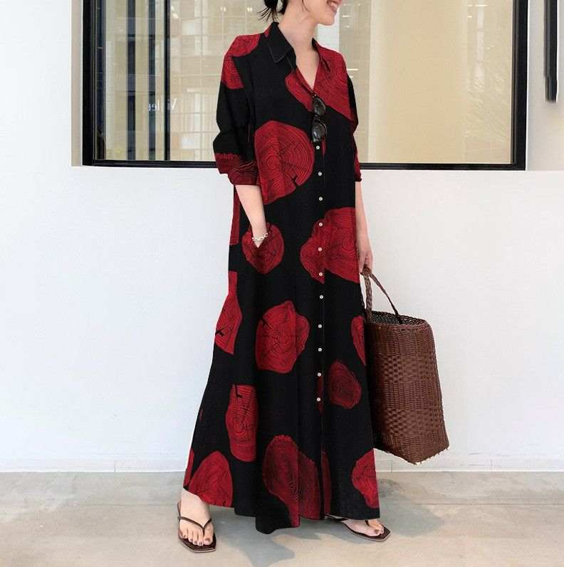 plus size women's clothing Muslim cotton and linen printed long-sleeved simple, loose and casual long shirt.red