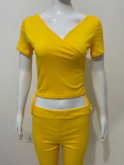 V-neck pleated slim two-piece tracksuit Spice girl pleated deep V short sleeve slacks suit solid color knitted split top + bootcut trim trousers