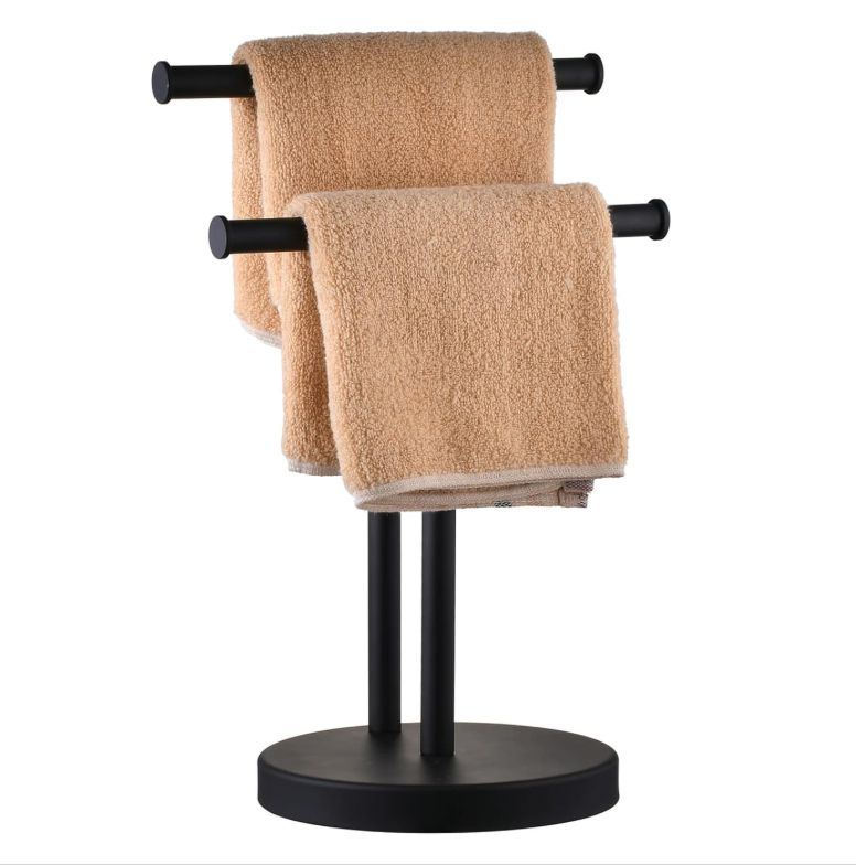 Hand Towel Holder Stand, Thicken Metal Hand Towel Rack, Small Towel Ring, Stable Standing Towel Bar for Bathroom Kitchen Vanity Countertop (Matte Black, 1 Pack)