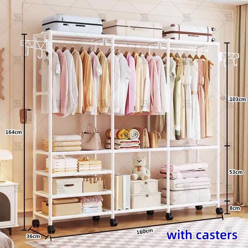 Multi functional coat rack, floor standing double row clothes rack, hanger, drying rack, durable, multi purpose