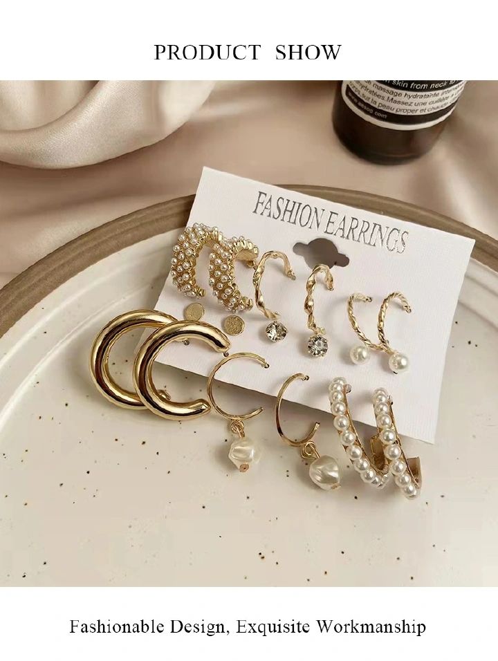 9Pcs/Set Women Earrings Rhinestone Pearl Exaggerated Gold Creative Personality Relief Earrings Women's Fashion Accessories Jewellery