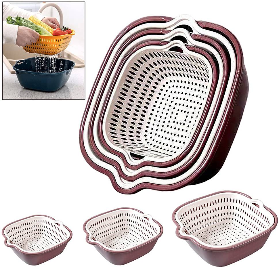 6PCS Double Layered Drain Basin and Basket,Kitchen Colander Strainer Set,Bowl Stackable Set,Plastic Washing Bowl,Soak,Wash and Drain Vegetables and Fruit Colanders Strainers