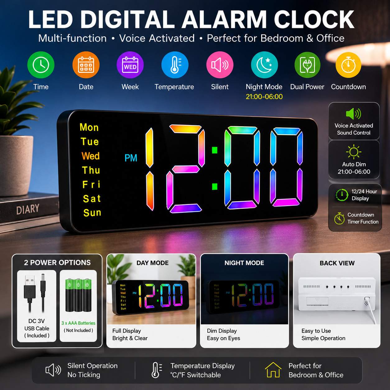 Portable RGB Color Screen LED Electronic Alarm Clock Quiet Silent Desk Timer Clock Multi Modes Time Date Temperature Display Bedroom Bedside Wake Up Clock For Student Office Home Daily Use